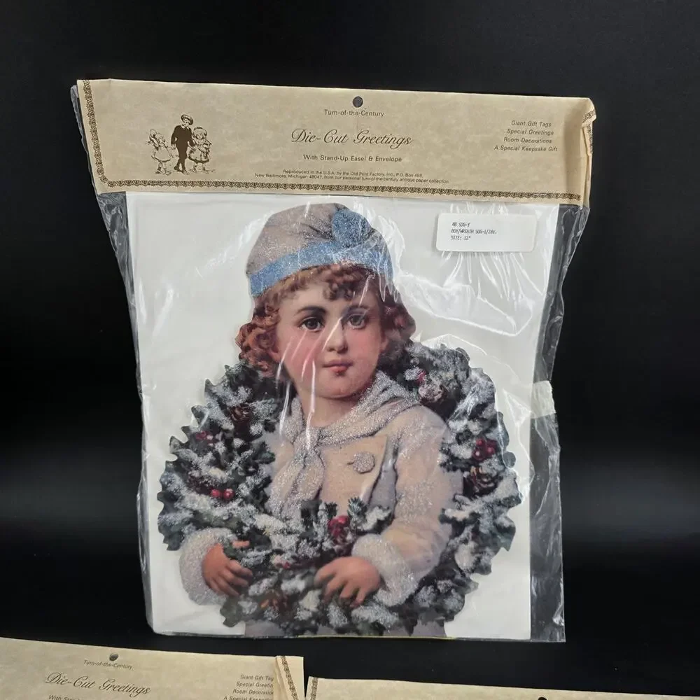 3 Vintage Style Die-Cut Greetings Boy with Wreath Christmas Cards Old Print